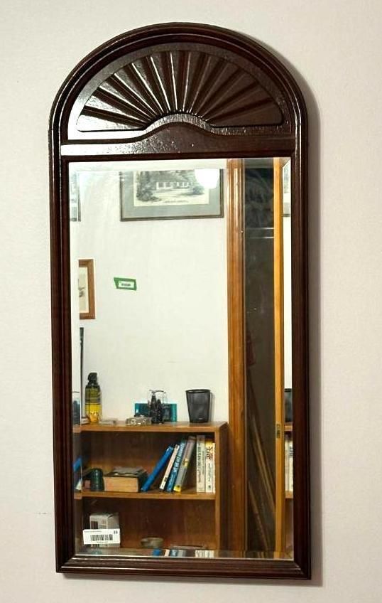 Tall, arched, dark-framed mirror with sunburst design above the glass, reflecting a bookcase and room.
