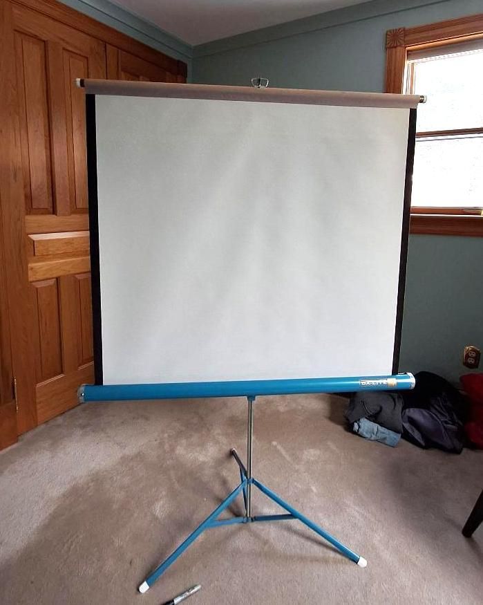 Projector screen on a blue tripod stand in a room with a wooden door and window.