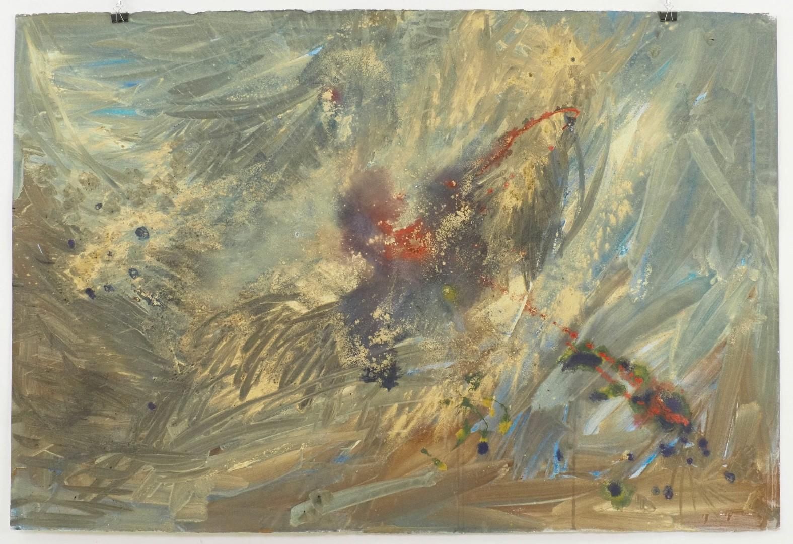 Abstract painting with splattered colors. Predominantly brown, blue, yellow, and red.