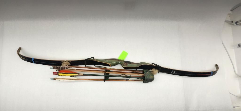 A compound bow and arrows are mounted on a white wall. The bow is black, and the arrows have colored fletchings.