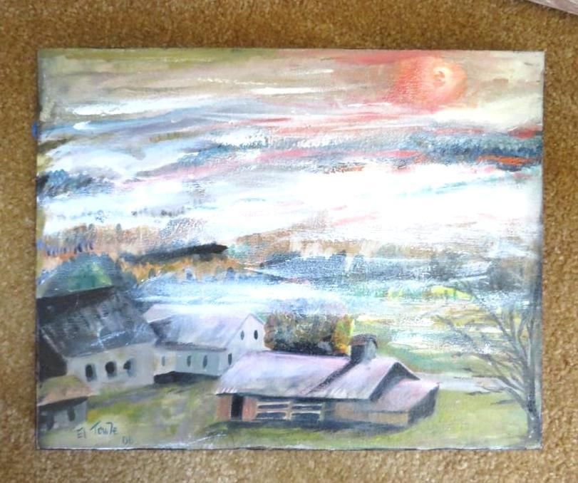 Landscape painting of a small town with several buildings beneath a cloudy sky, featuring a red sun.