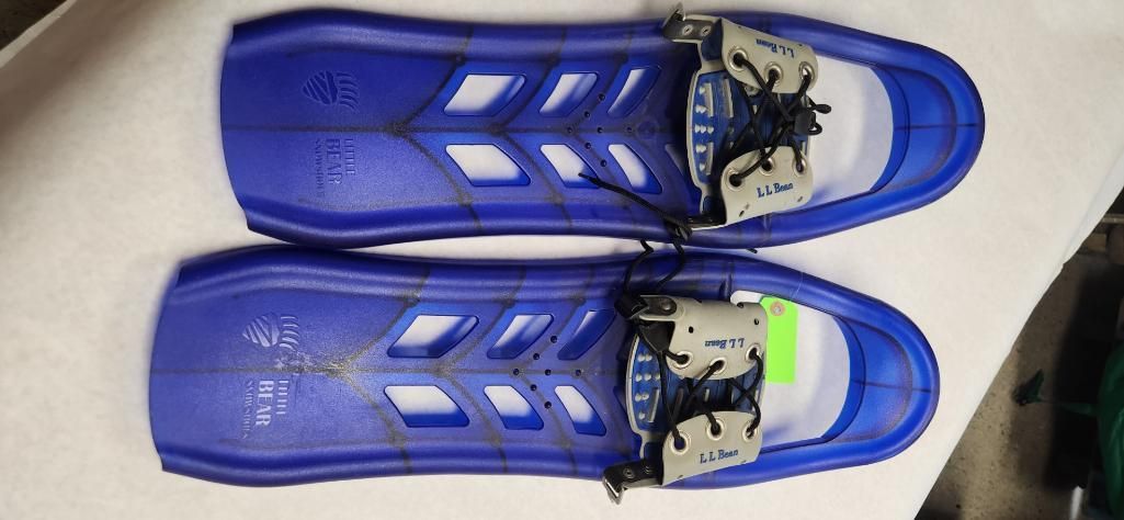 Pair of blue snowshoes on a white surface with black straps.