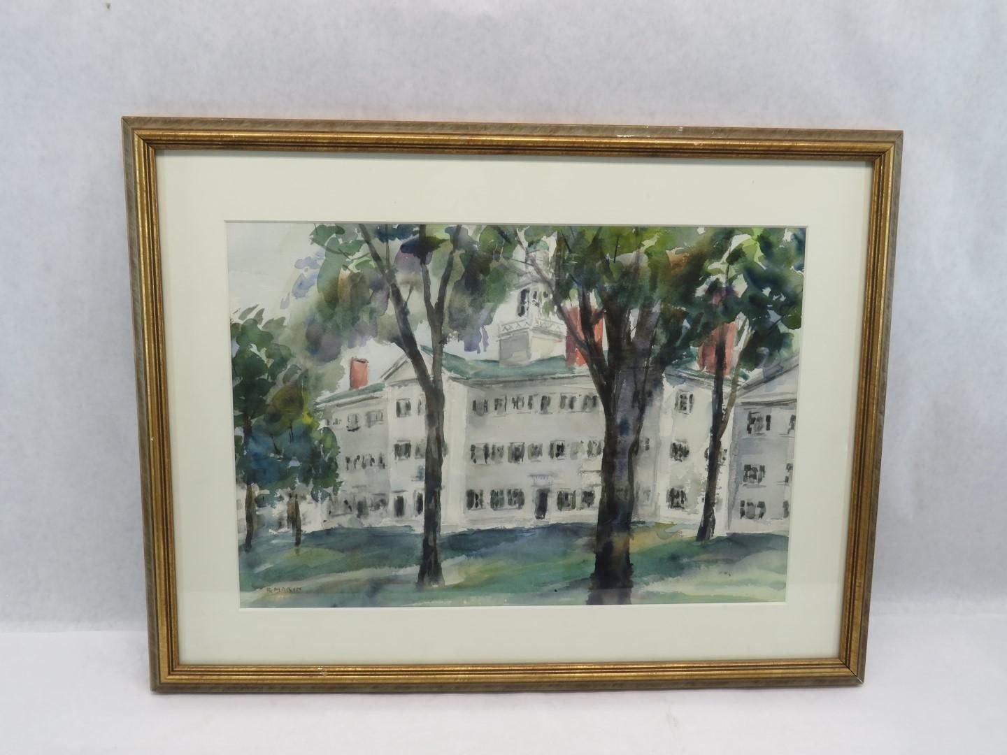 Watercolor painting of white building framed by trees; gold frame.