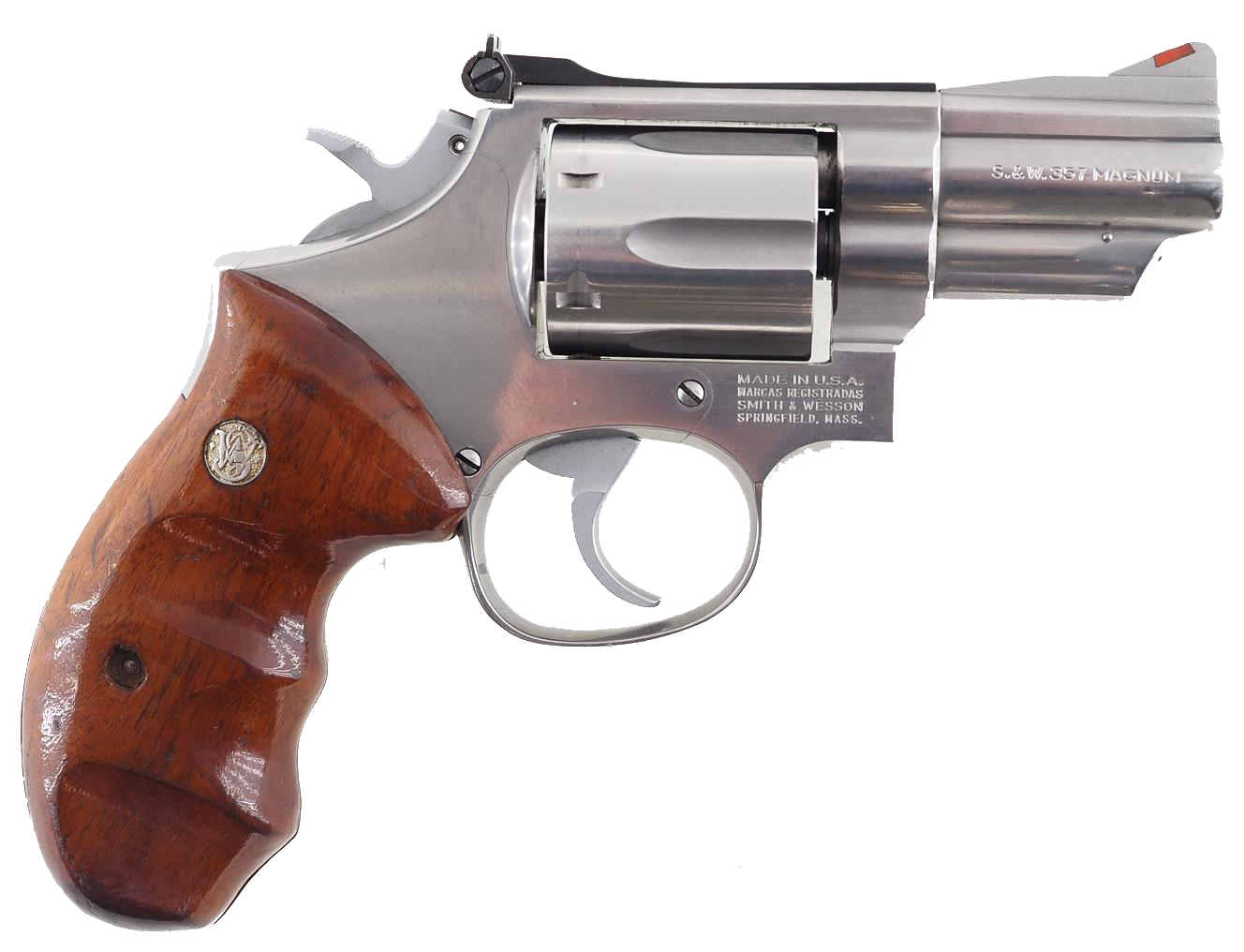 Shiny silver revolver with wooden grip.