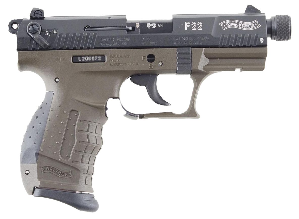 Tan and black Walther P22 pistol with threaded barrel.