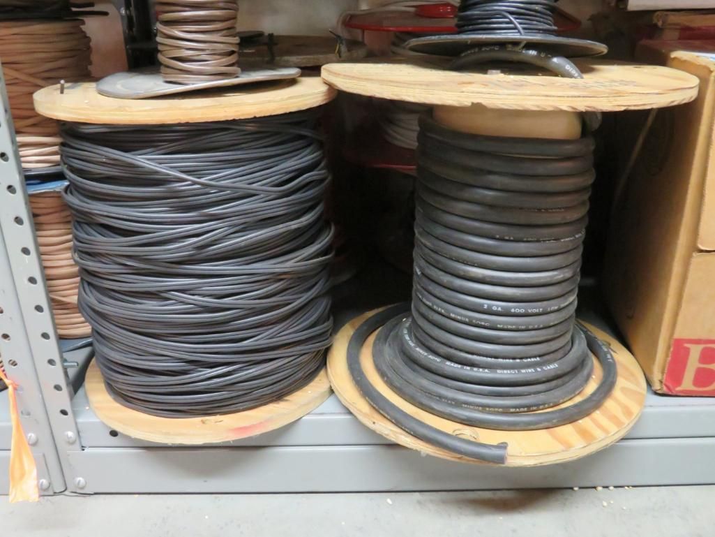 Two spools of grey electrical wire on a shelf.