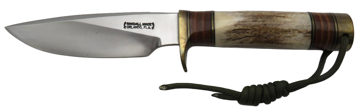 A hunting knife with a curved blade and antler handle, with a dark lanyard attached.