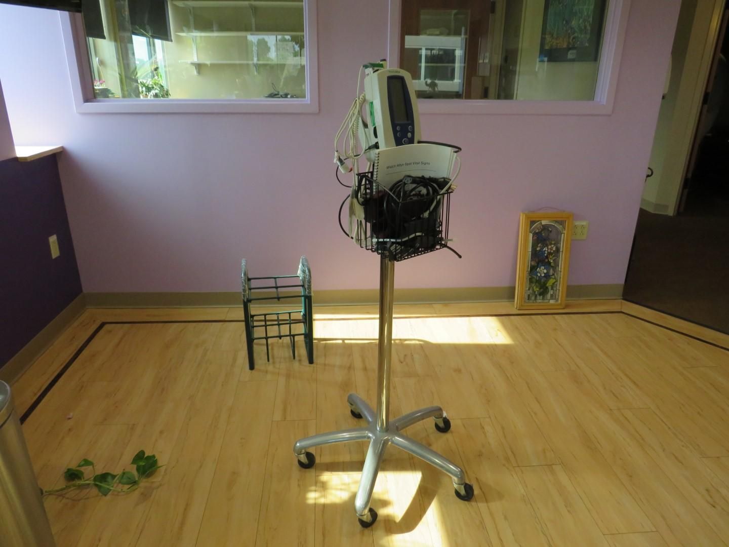 Medical monitor on wheels.
