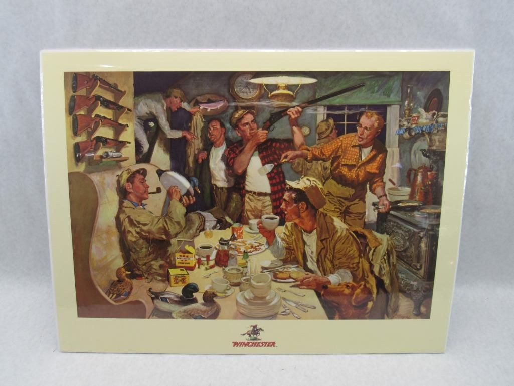 Men in hunting gear gathered for a meal, one holding a gun indoors; several others seated around a table.