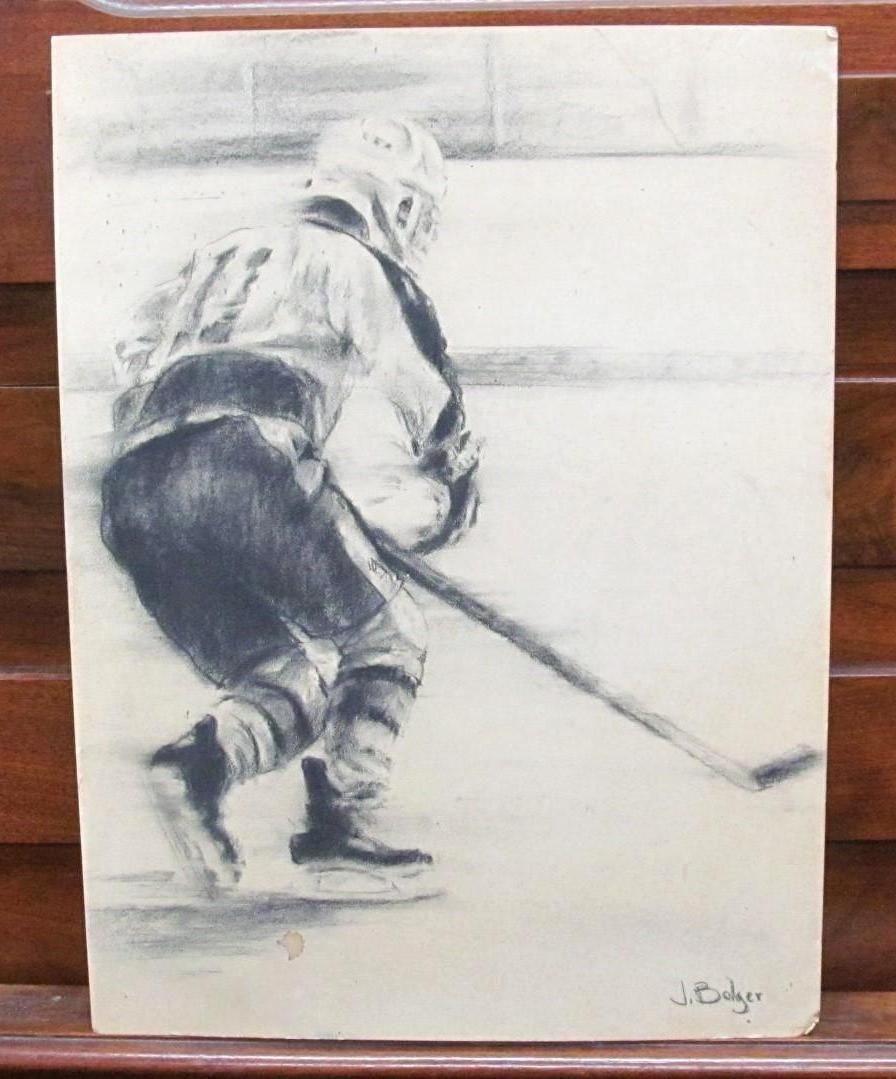 Pencil sketch of hockey player, viewed from behind, skating on the ice with his stick.