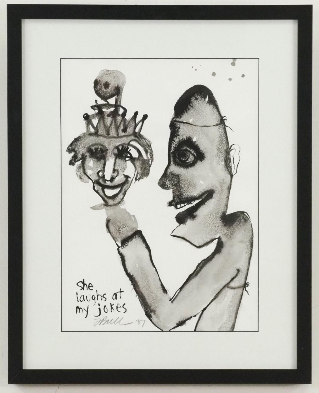 Ink drawing of a person holding a laughing mask; text: