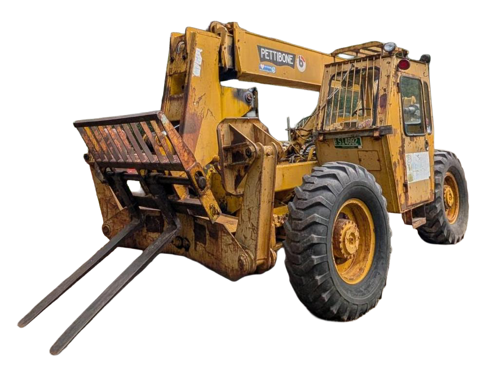 Yellow front loader with raised bucket and fork attachments on a white background