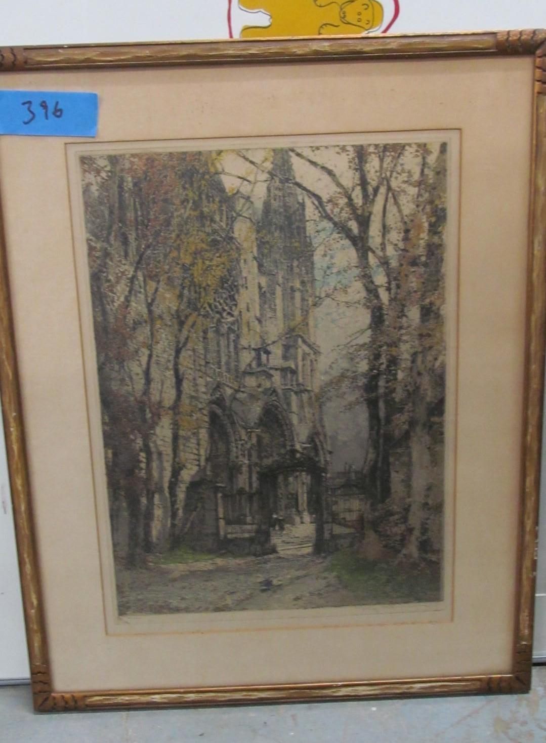 Framed etching of a cathedral ruin, viewed down a tree-lined lane. Gray and brown tones.