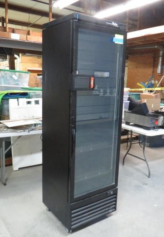 Black commercial refrigerator with glass door.
