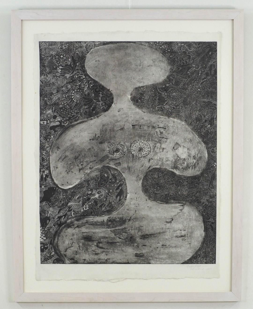Monochromatic etching of a stylized figure, framed. Figure has bulbous shapes and is set against a dark, textured background.