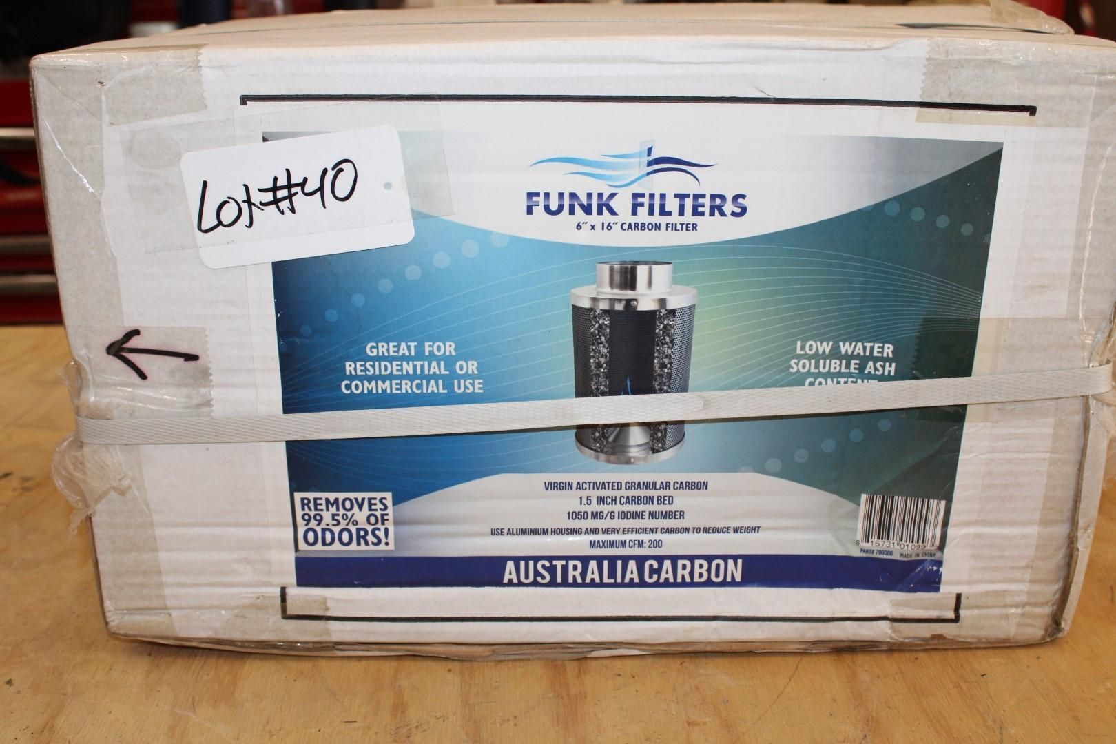 Box of Funk Filters; contains a carbon filter, for residential or commercial use, labeled