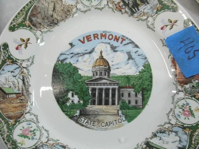 Vermont state capitol souvenir plate, white with colorful images.