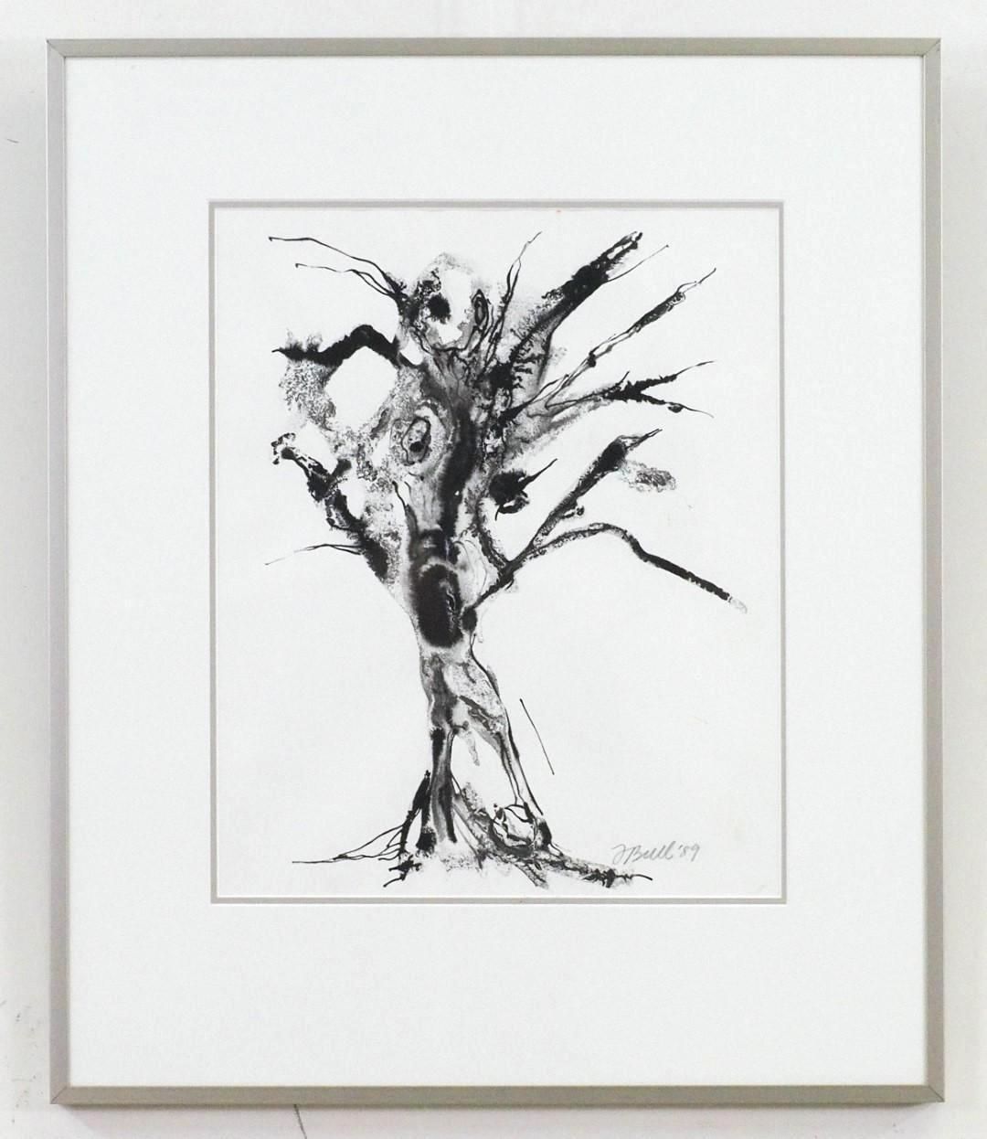 Abstract ink drawing of a tree in a frame. Black lines on white background, appears gnarled.