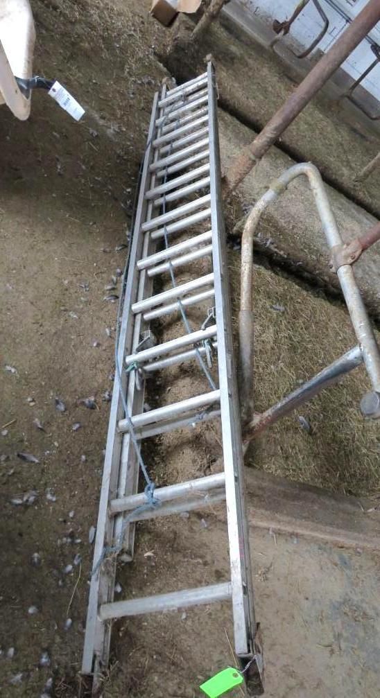 Silver aluminum extension ladder resting against a wall, next to a metal pole and other objects.