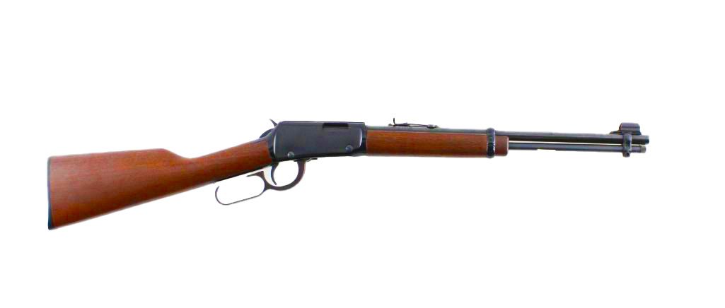 A lever-action rifle, brown wood stock and handguard, black receiver and barrel, set against a white background.