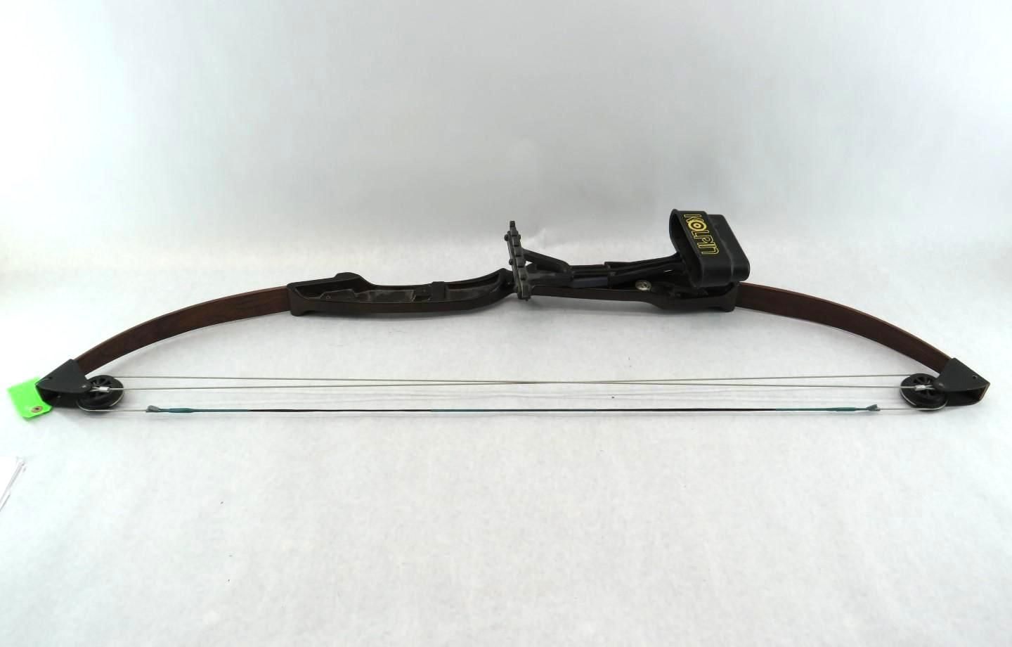 Compound bow, brown limbs, black body, with two silver arrows.
