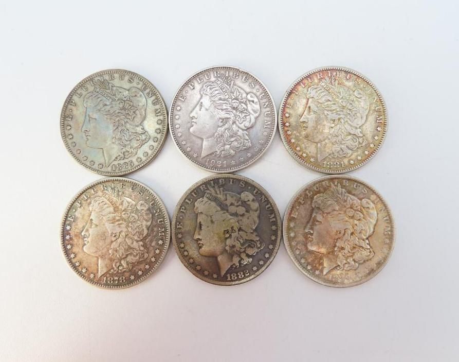 Six Morgan silver dollars arranged on a white surface, showing details of the coins' profile and design.