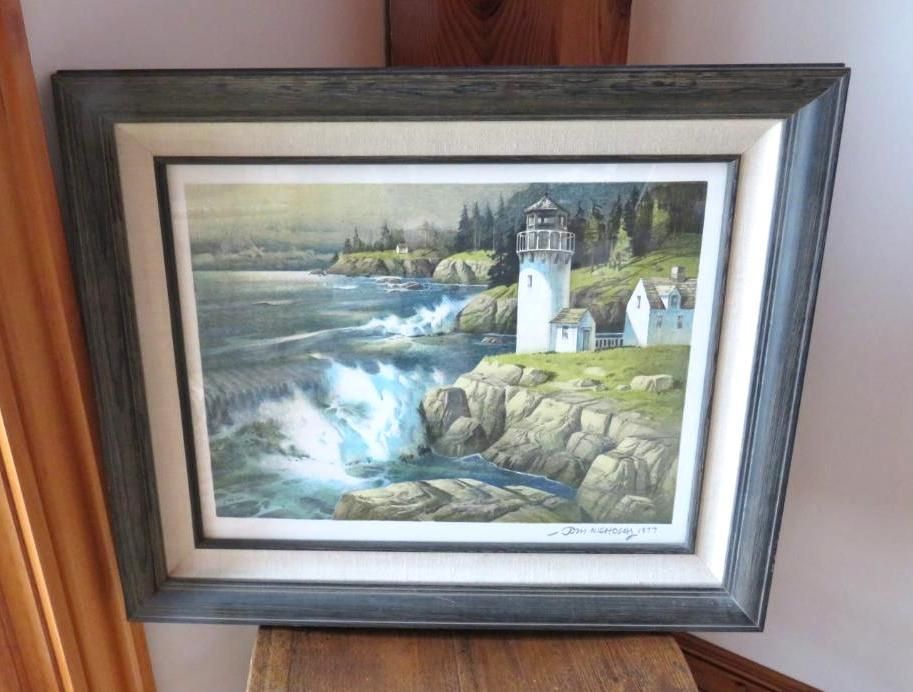 Painting of a lighthouse on a rocky coast with crashing waves and a stormy sky.
