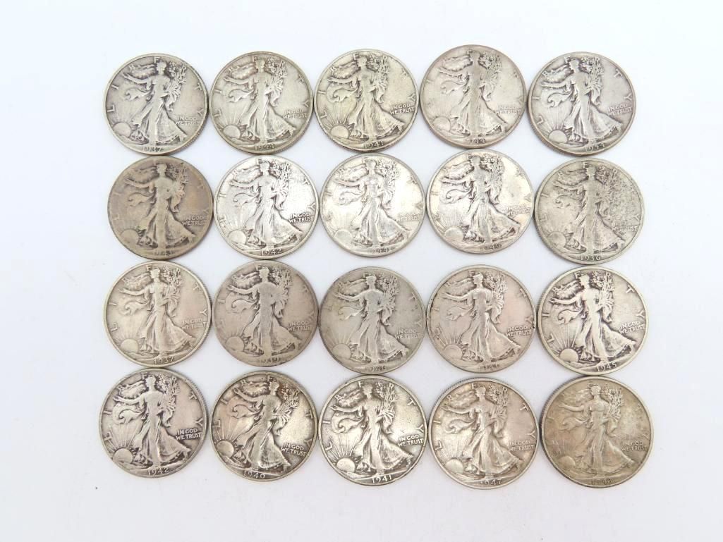 Twenty silver coins, likely half dollars, arranged in a grid, featuring a walking figure design.