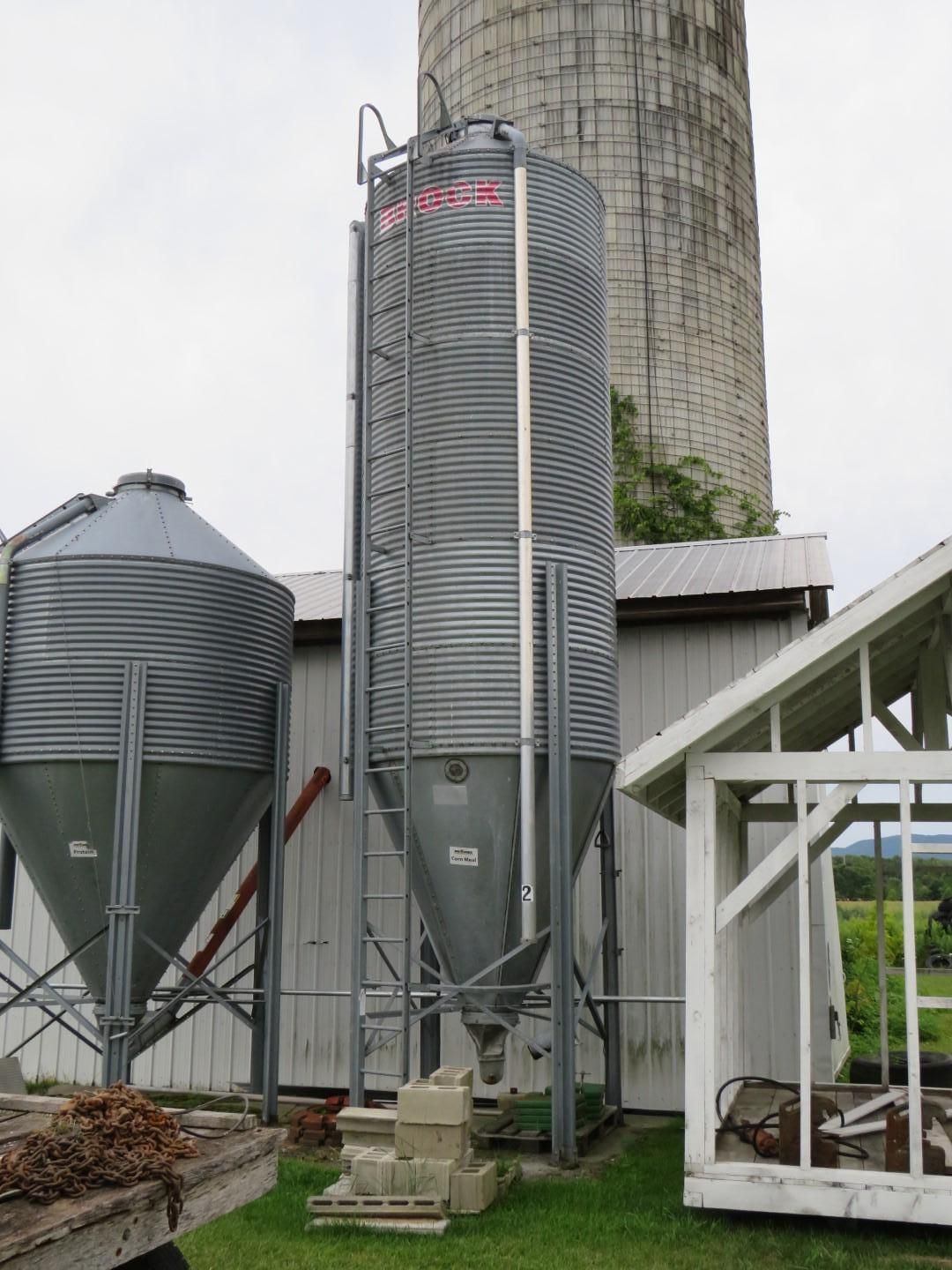 Two metal grain silos, one tall with a ladder, against a weathered white building, with a cement silo in the background.