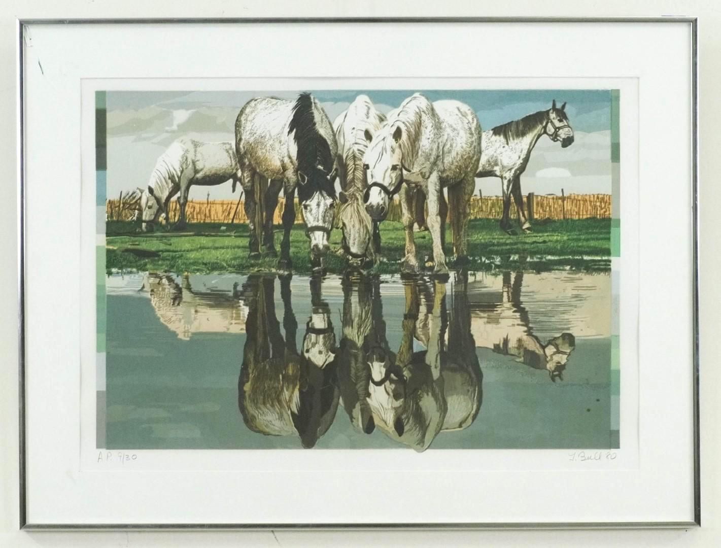 Horses drinking from water, reflected below; green grass, brown fence, blue sky.