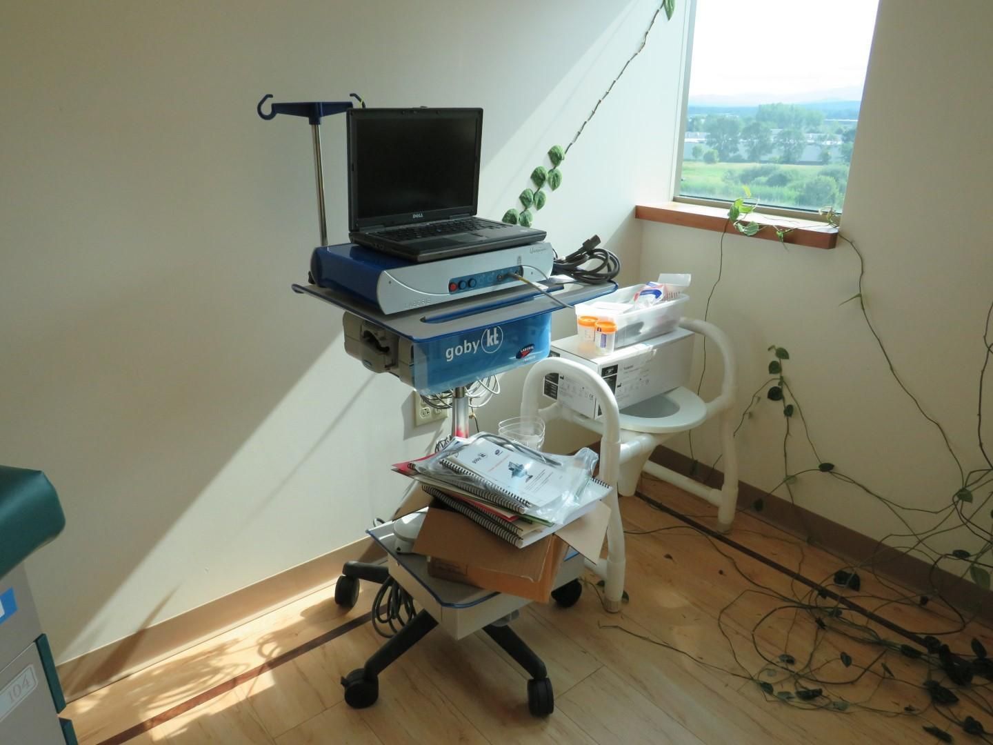 Medical equipment on a wheeled cart in a sunlit room, including a laptop and monitors, near a window with vines.