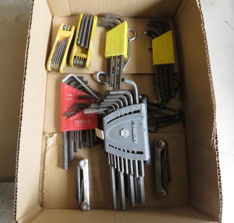 Box of Allen wrenches, various sizes and colors, organized in a cardboard container.