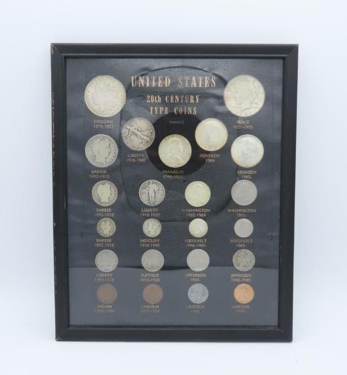 Framed display of U.S. 20th-century coins on a black background.