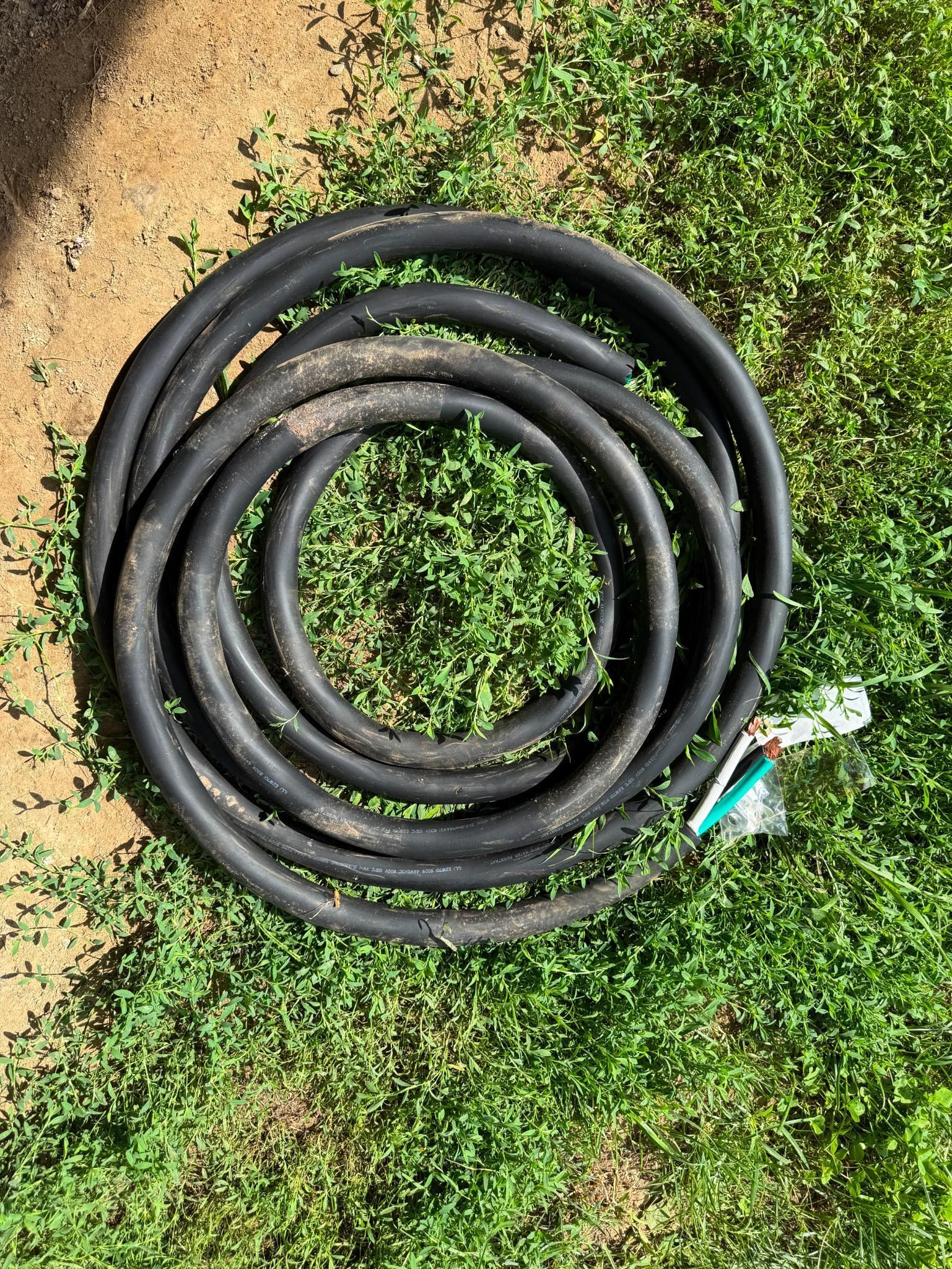 Coiled black garden hose on grass.