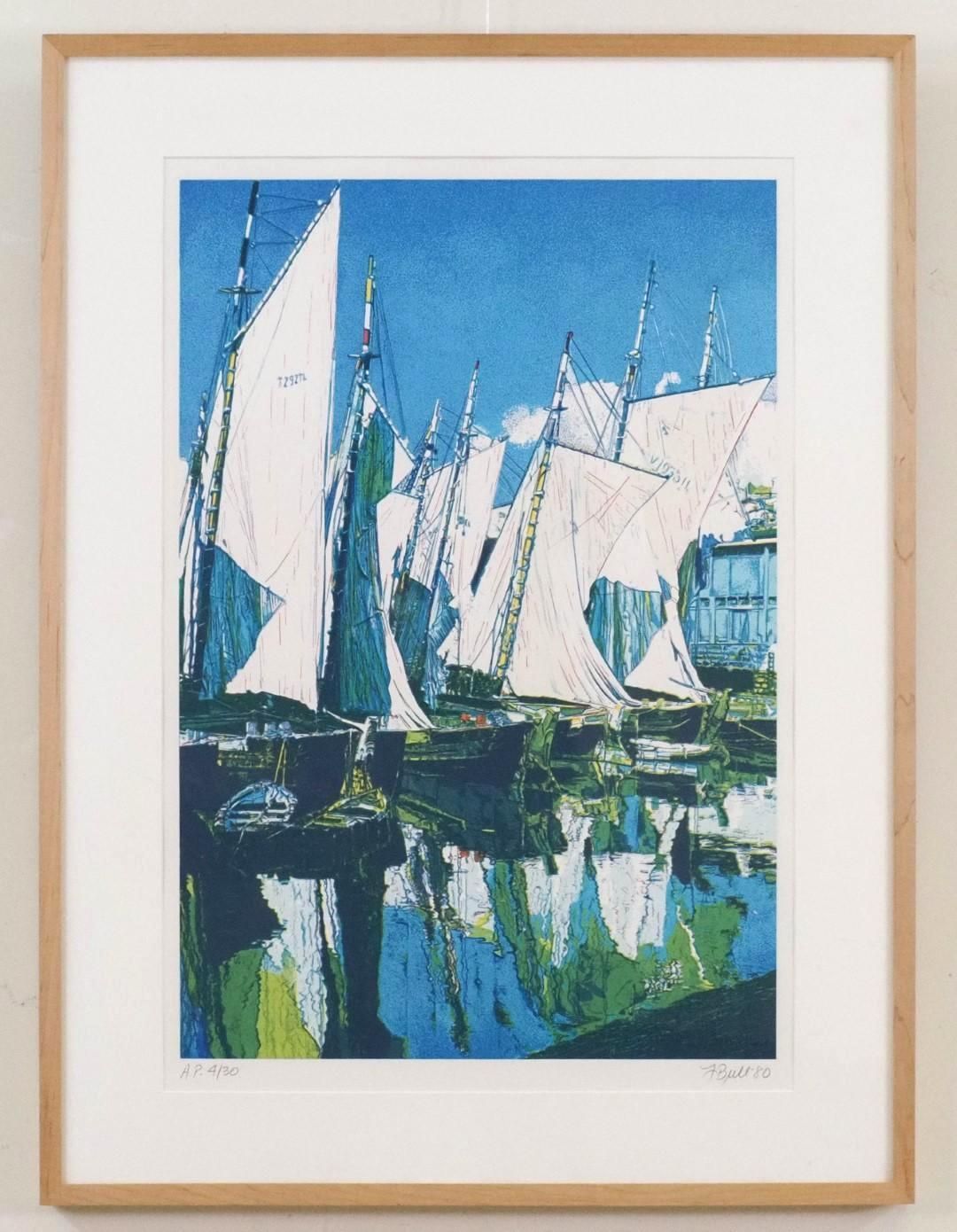 Boats with white sails on water, reflecting in the water, under a blue sky, framed.