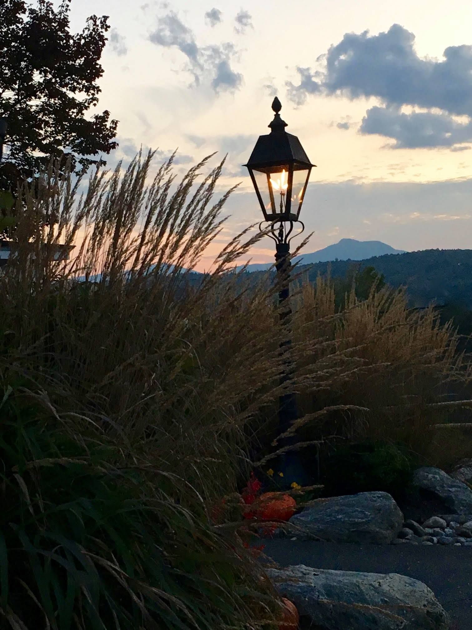 Lantern glowing at dusk among tall grasses and rocks, with mountains silhouetted in the background.