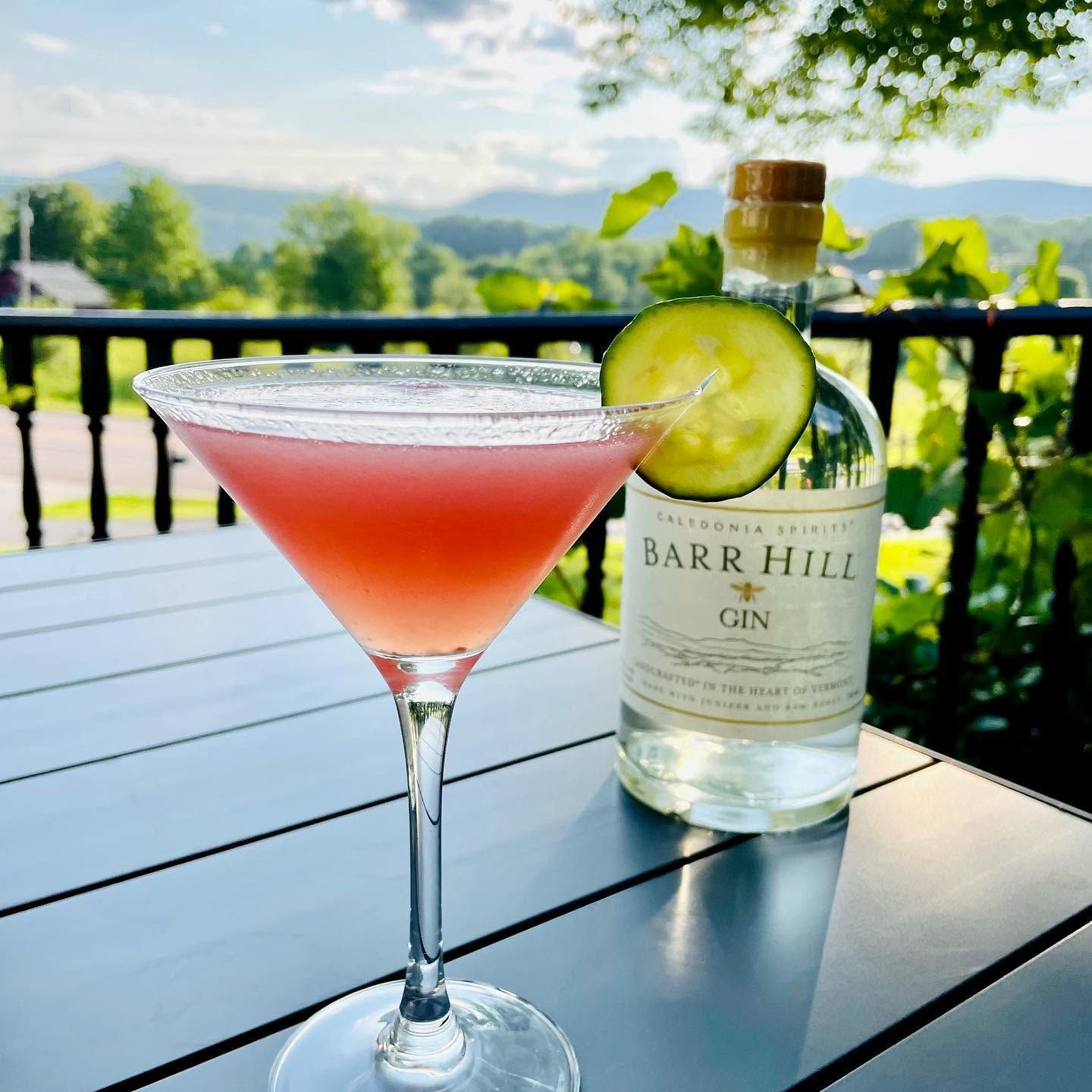 Pink cocktail and Barr Hill gin bottle on a patio table with a scenic mountain view.