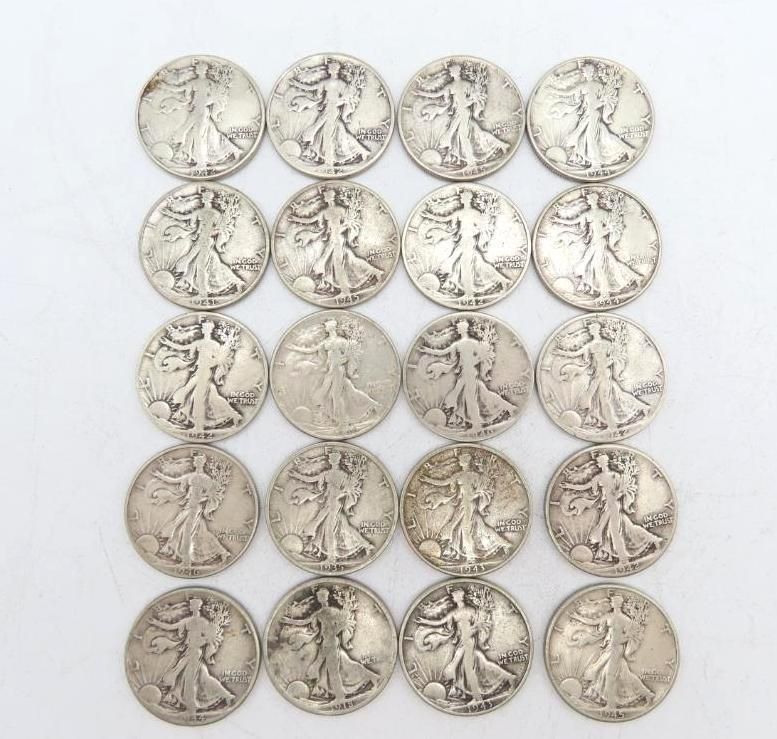 Twenty silver Walking Liberty half dollars arranged in a rectangular grid.