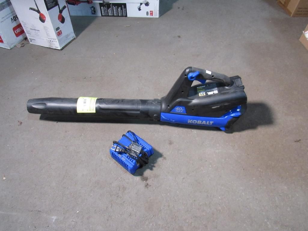 Black and blue cordless leaf blower and detached battery on concrete floor.