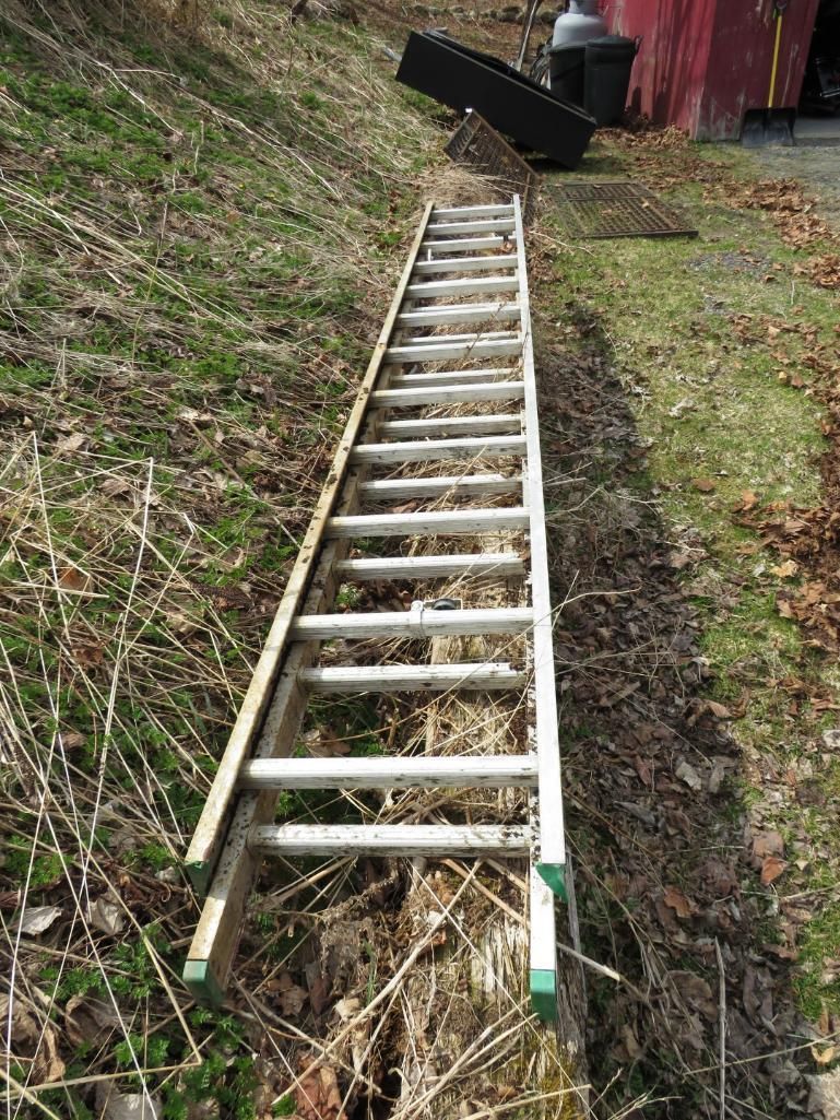Ladder resting on a grassy embankment near a red building.