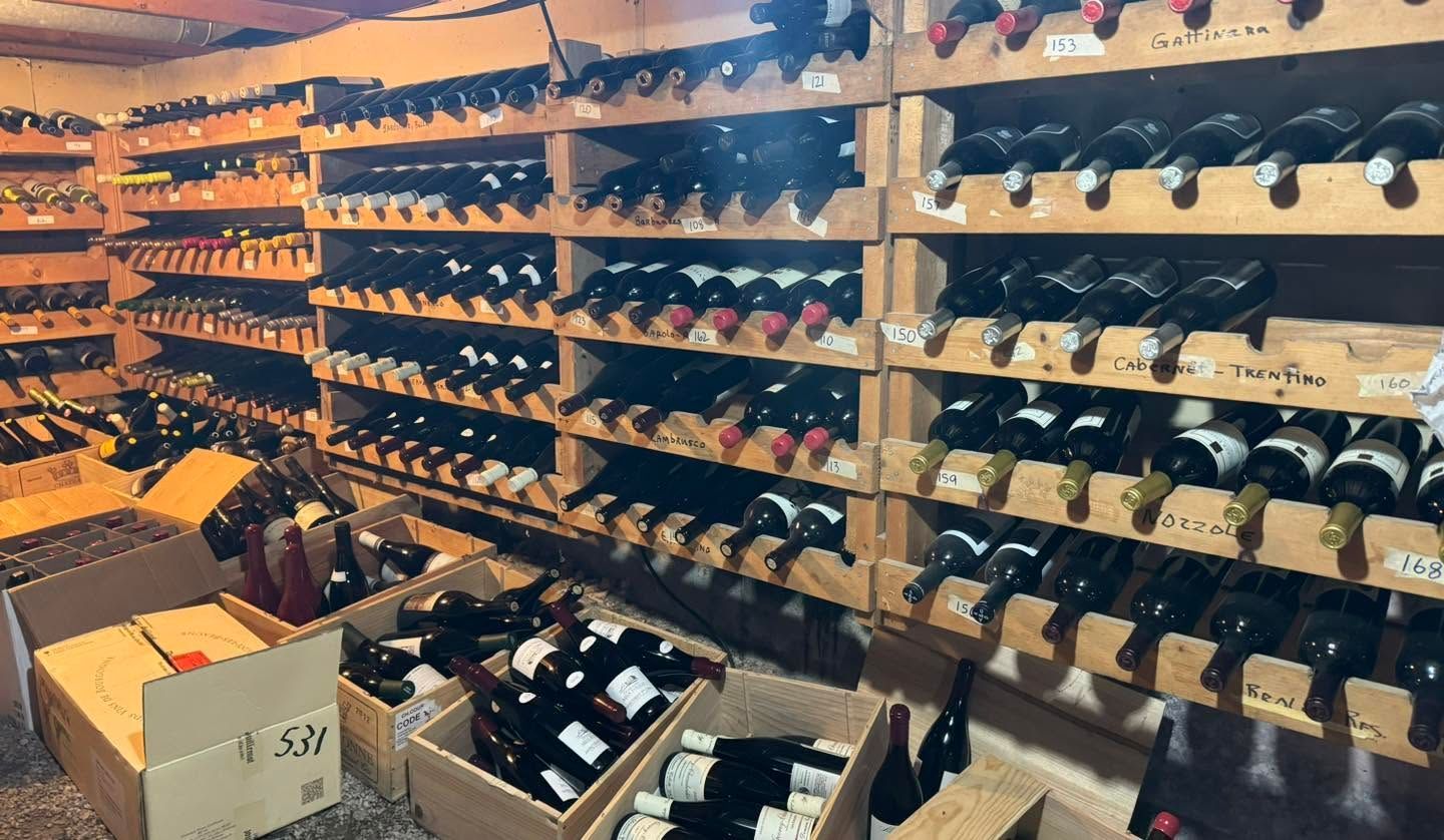Wine bottles displayed on shelves in a store cellar, with boxes stacked on the floor.