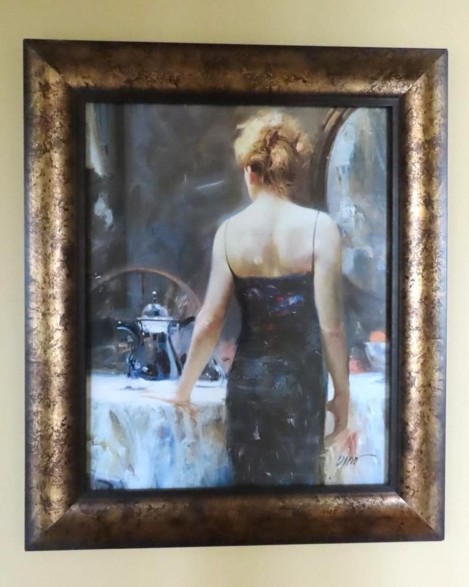 Painting of a woman in a black dress, gazing at a mirror, with an ornate gold frame.