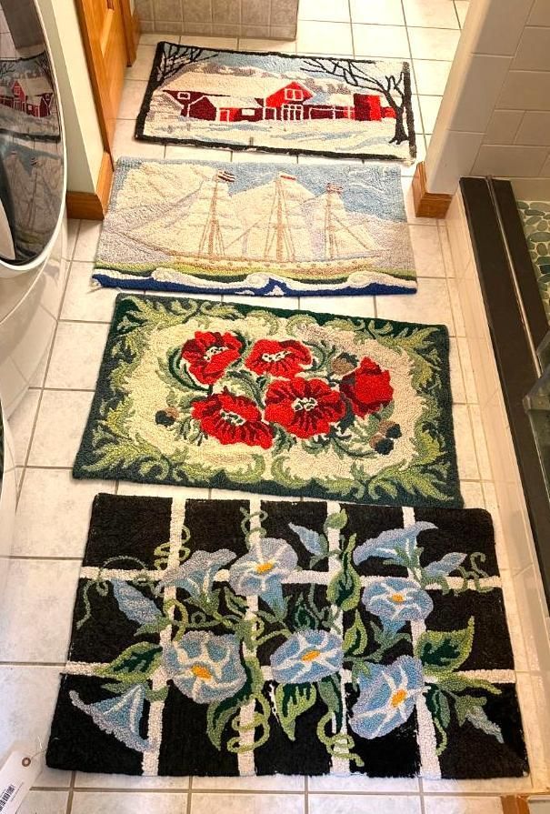 Four colorful hooked rugs: snowy farm, sailing ship, red poppies, and blue morning glories.