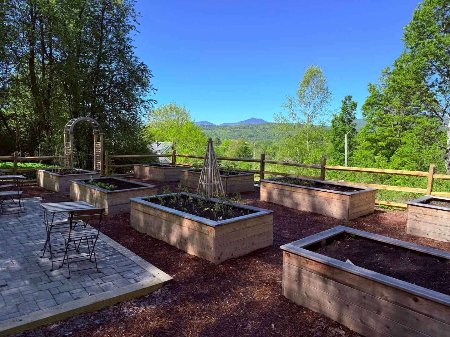 Outdoor patio with raised planters, tables, and a pergola overlooking mountains and trees