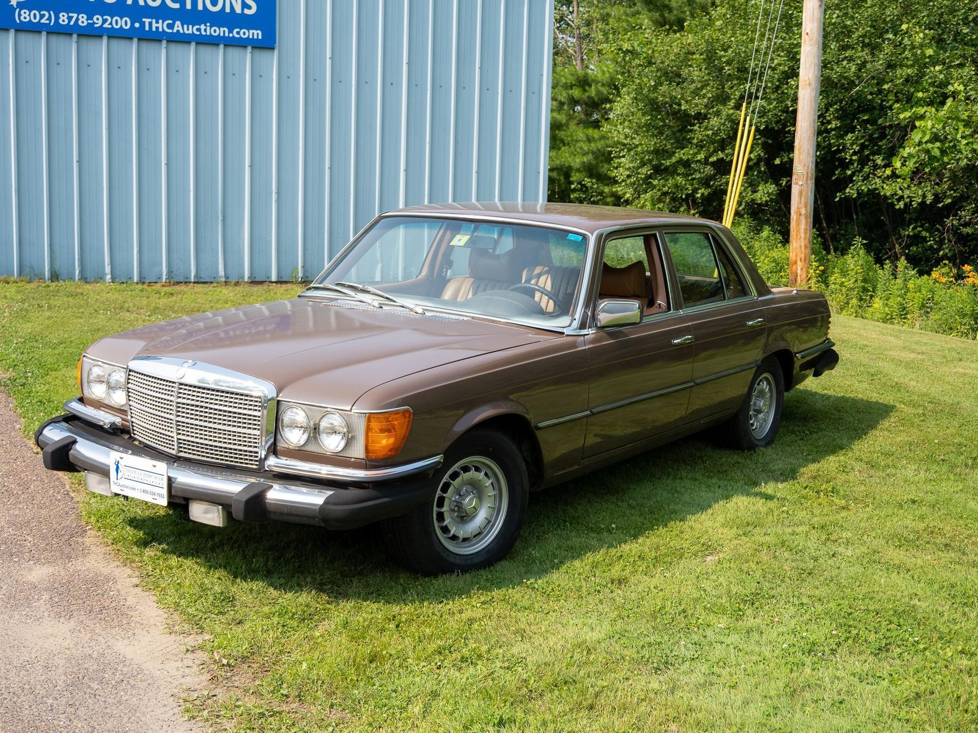 Brown Mercedes-Benz sedan parked on grass beside a blue building on a sunny day.