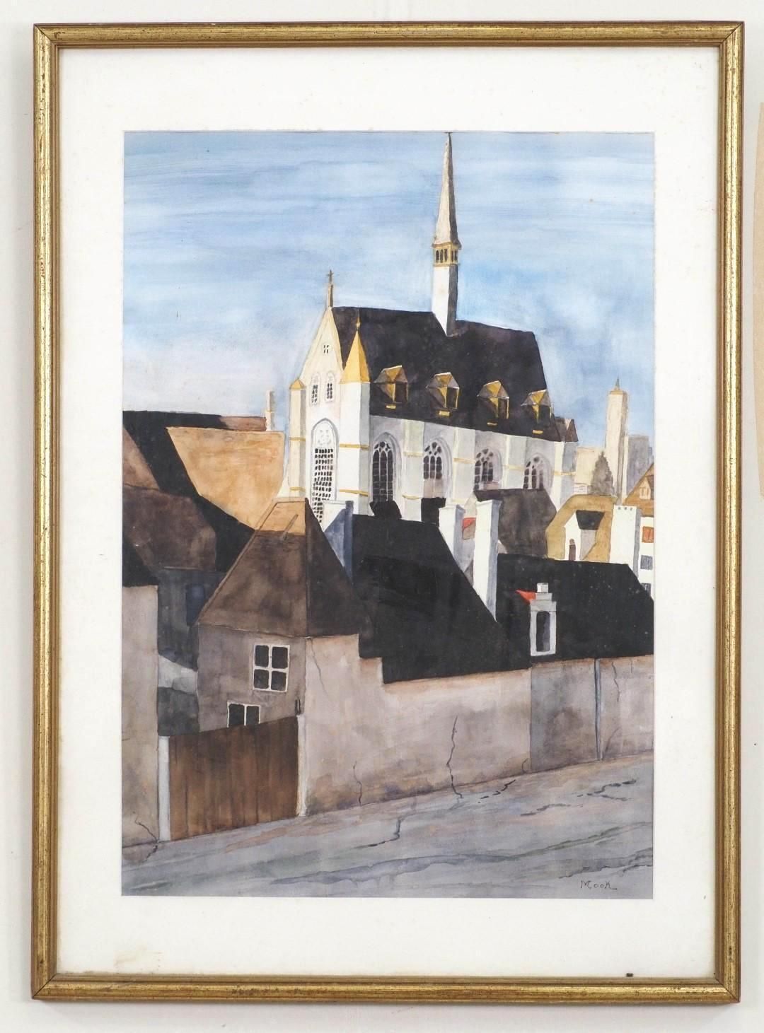 Watercolor painting of a church with a tall steeple, set amongst rooftops under a blue sky, framed in gold.
