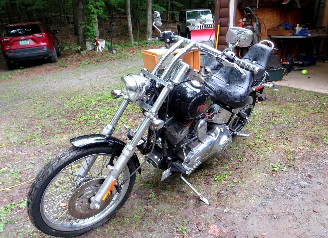 Black Harley-Davidson motorcycle parked on a dirt surface.