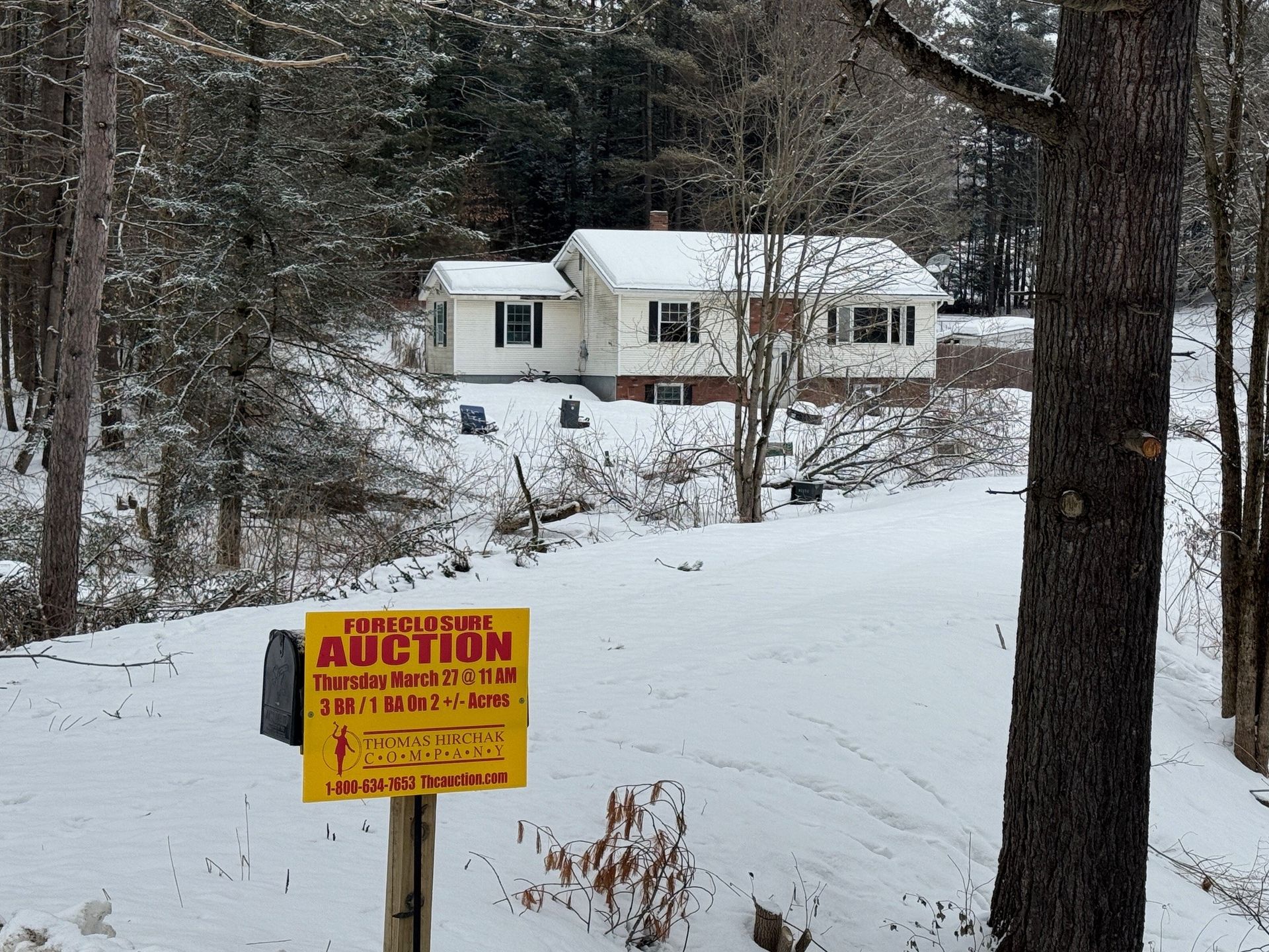 Snowy house on a hill, with an auction sign in front. Trees in the background.