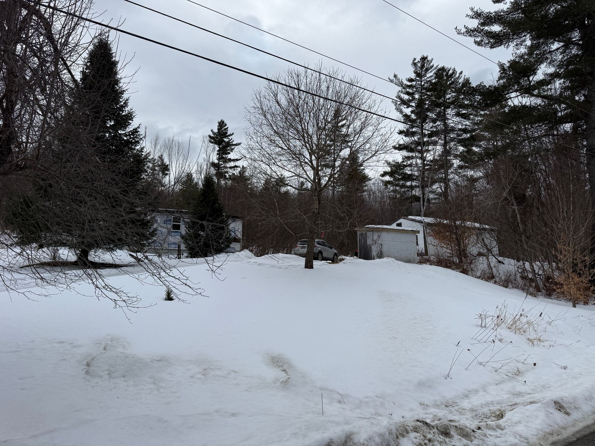 A snow-covered yard with a house and detached garage surrounded by trees under an overcast sky.