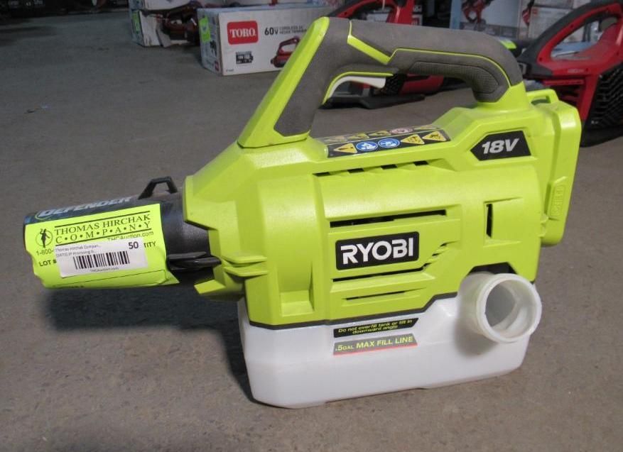 Yellow Ryobi 18V fogger with a white tank; product display in store.